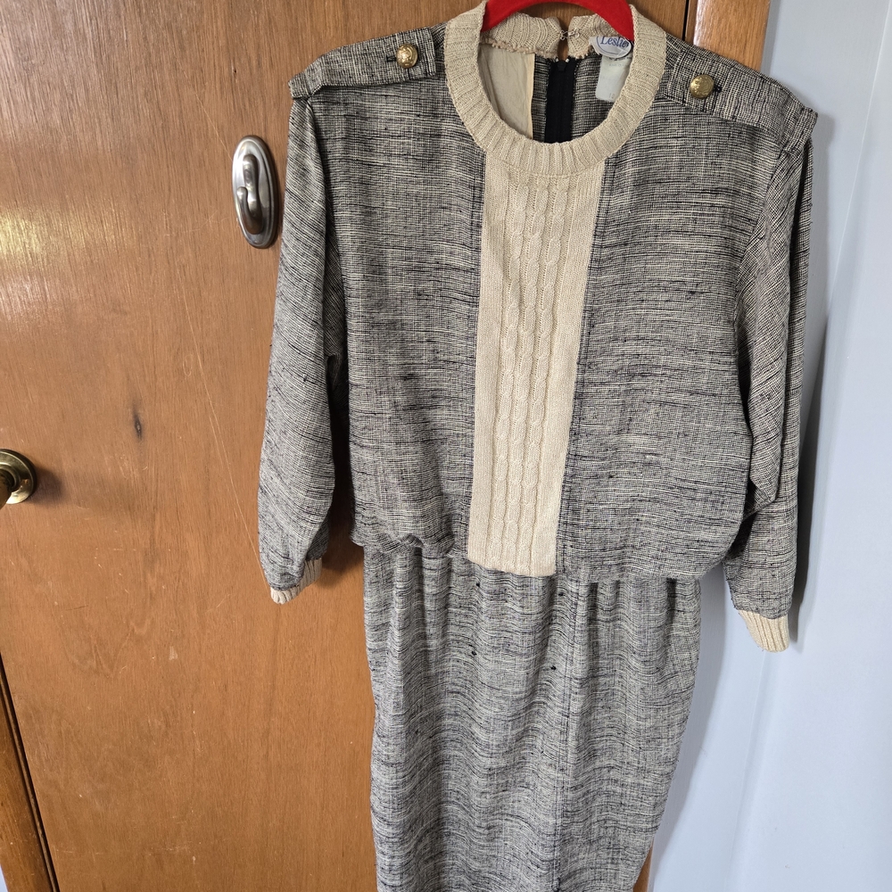 Vintage Neutral Sweater / Linen Dress with Cable-Knit Panel Size 10